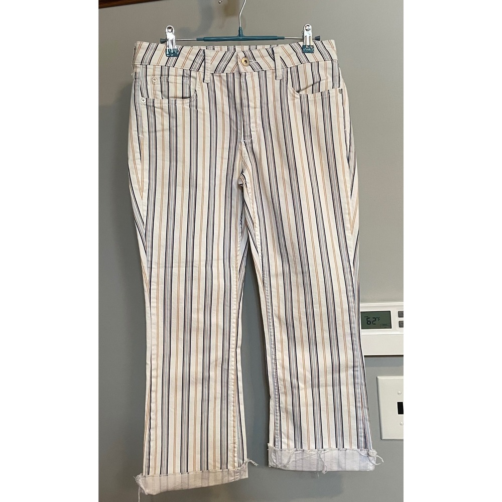 Pilcro Anthropologie High Rise Bootcut Jeans 28 White Blue Tan Striped Raw Hem